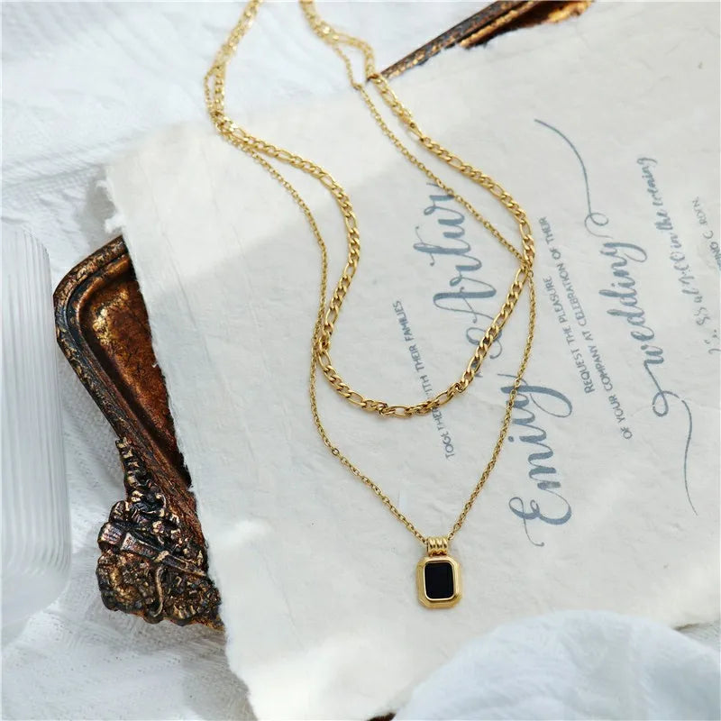18K Gold Double Layer Black Square Necklace