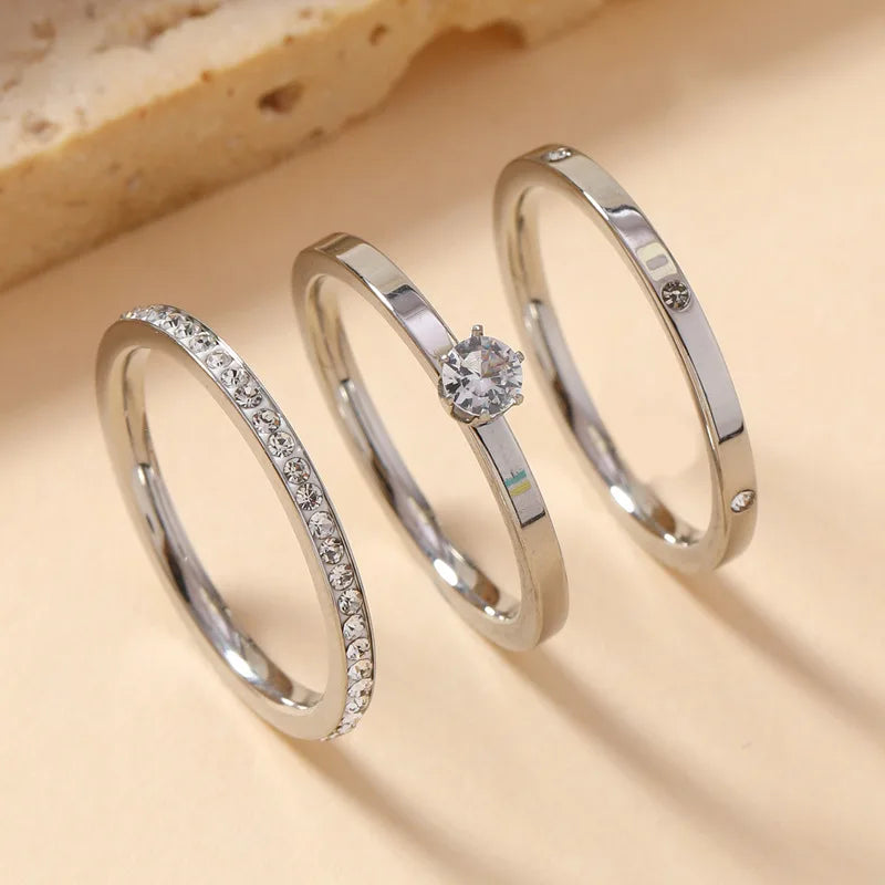 18K Gold Zircon Three-Piece Ring Set