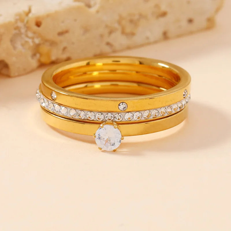 18K Gold Zircon Three-Piece Ring Set