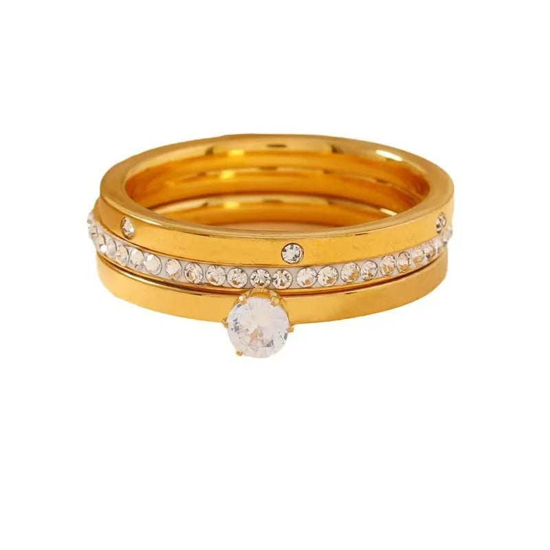 18K Gold Zircon Three-Piece Ring Set