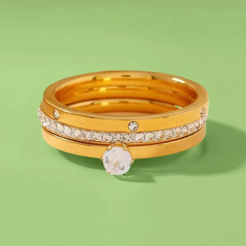 18K Gold Zircon Three-Piece Ring Set