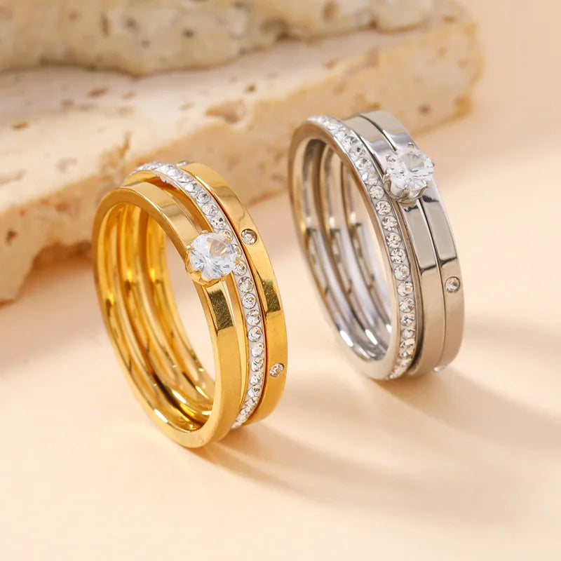 18K Gold Zircon Three-Piece Ring Set